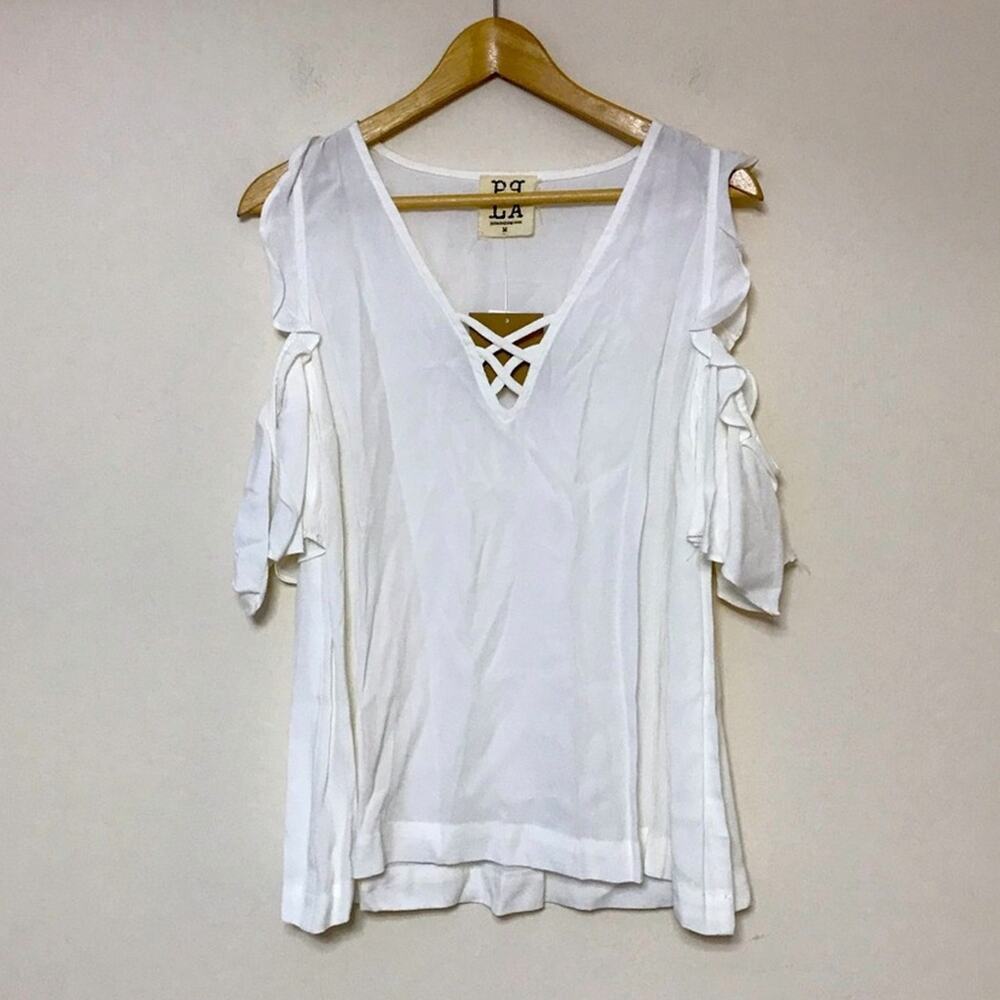 new PQ LA cream beige off-white cold shoulder flutter sleeve boho blouse top